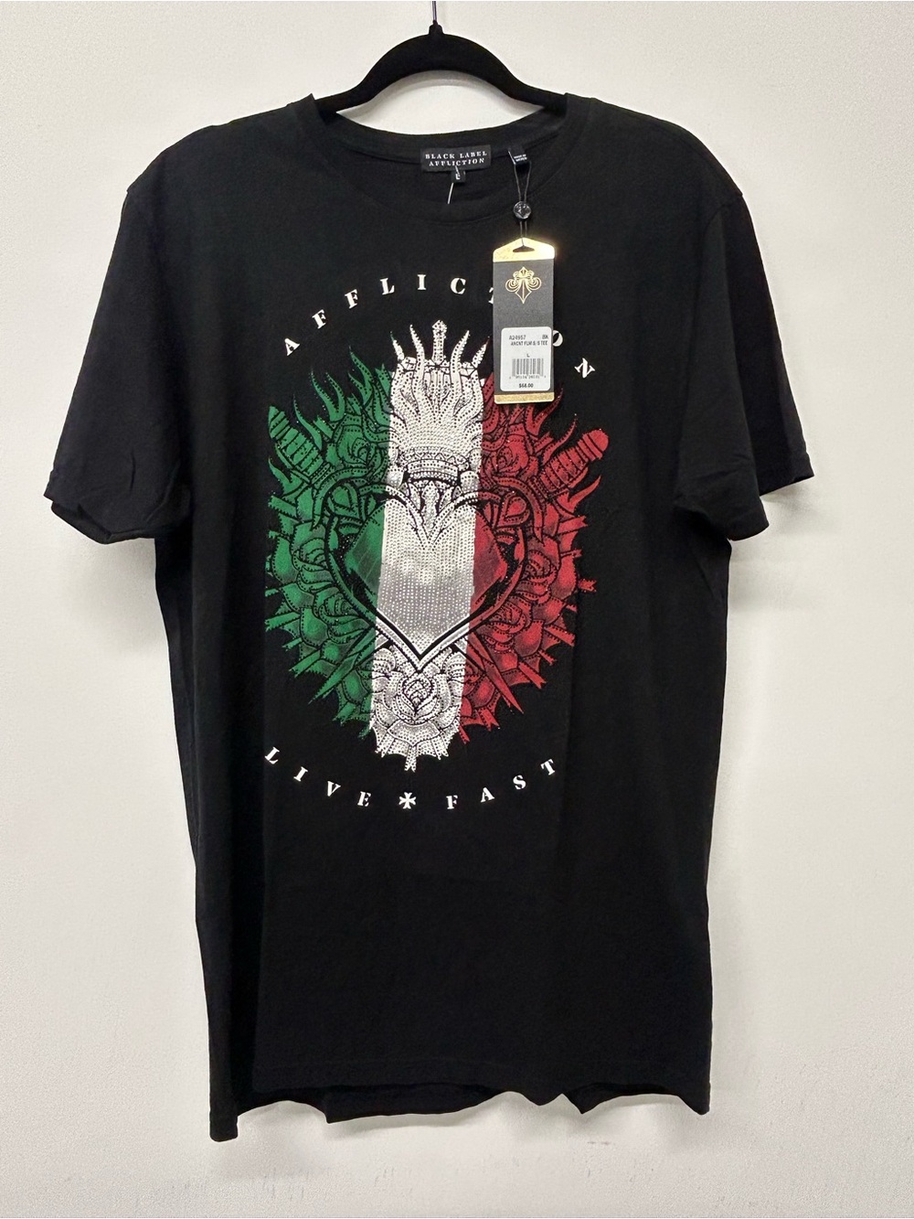 Affliction Black Short-Sleeve Tee with Green-White-Red Shield Graphic